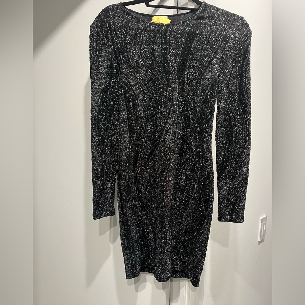 TORN BY RONNY KOBO-black silvery long sleeve stretchy cocktail dress